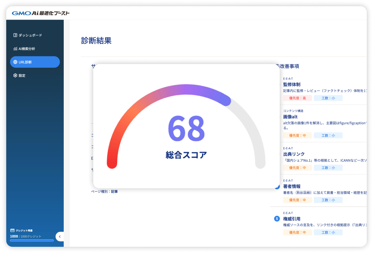 URL単位でのAI視認度診断＆具体的な対策提示