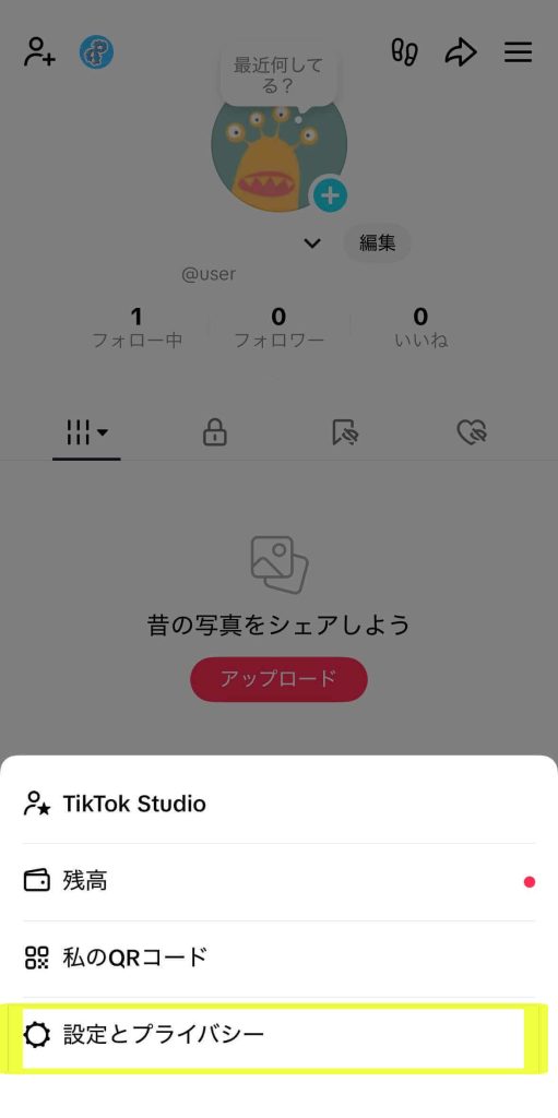 TikTokプロフィール画面から設定とプライバシーメニューを開いている画面