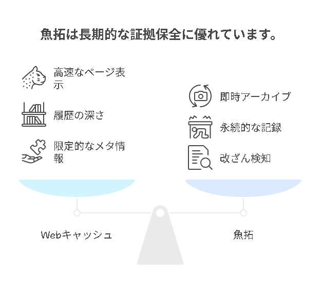 魚拓とWebキャッシュの比較を説明する画像です。