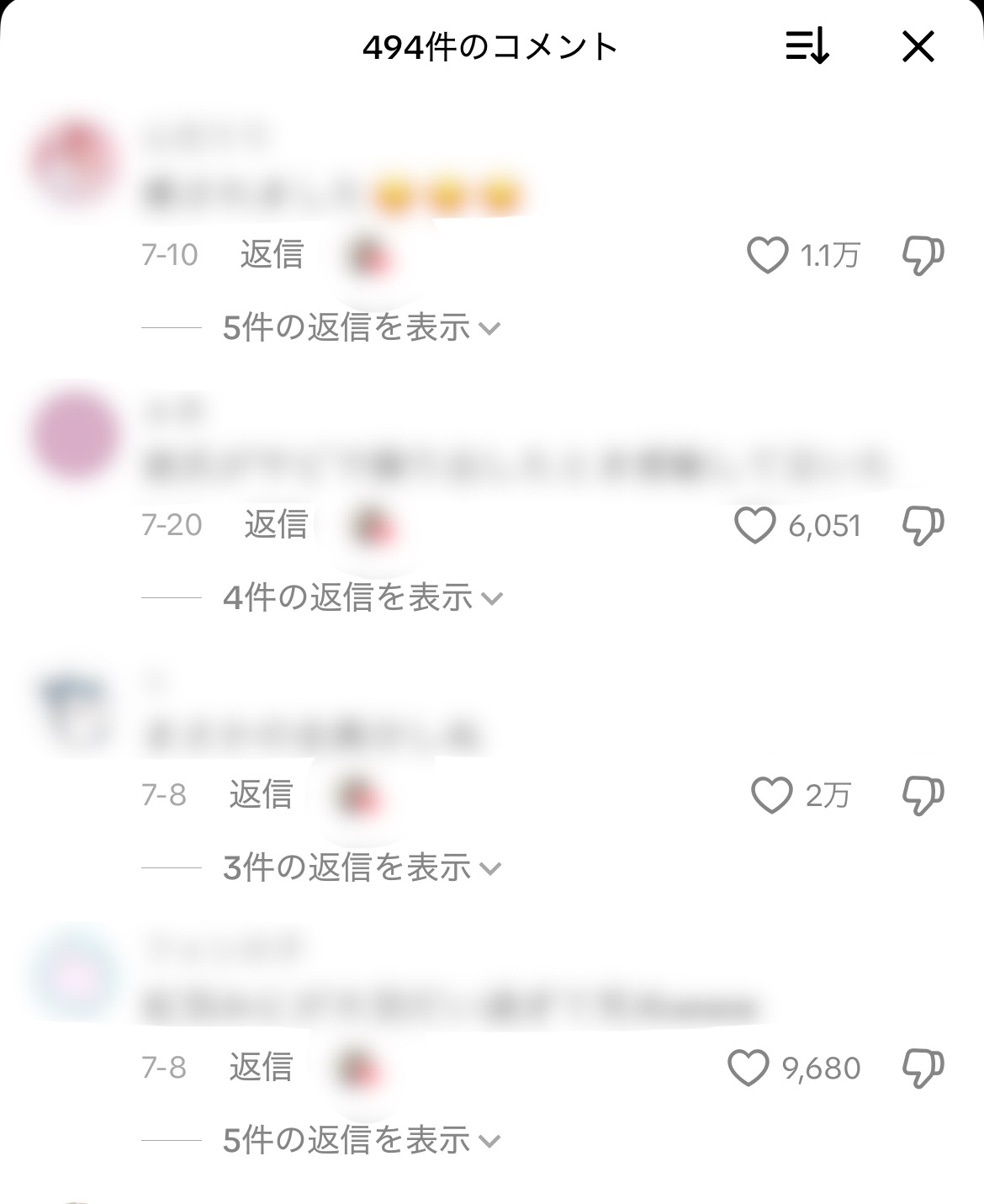 「494件のコメント」一覧画面。各コメントに投稿日「7-10」「7-20」「7-8」、ボタン「返信」「○件の返信を表示」、ハートと吹き出しアイコン、いいね数「1.1万」「6,051」「2万」「9,680」を表示。右上に並び替えアイコンと「×」。