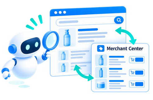 AIロボットが検索結果とMerchant Centerの商品データを照らし合わせる様子