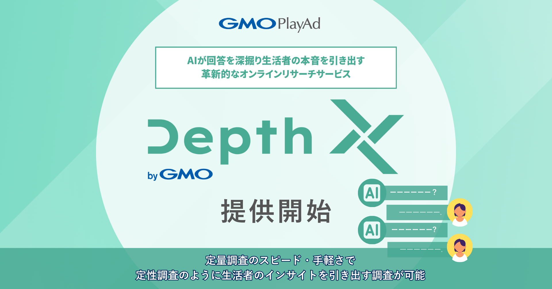 定量調査の弱点を生成AIで克服】GMOプレイアドが 定量×定性のハイブリッドリサーチサービス「Depth X byGMO」提供開始  ~AIが回答を深掘りする追加質問を自動生成し、大規模調査でも生活者の本音を引き出す新手法（特許出願中）~ | GMO NIKKO株式会社